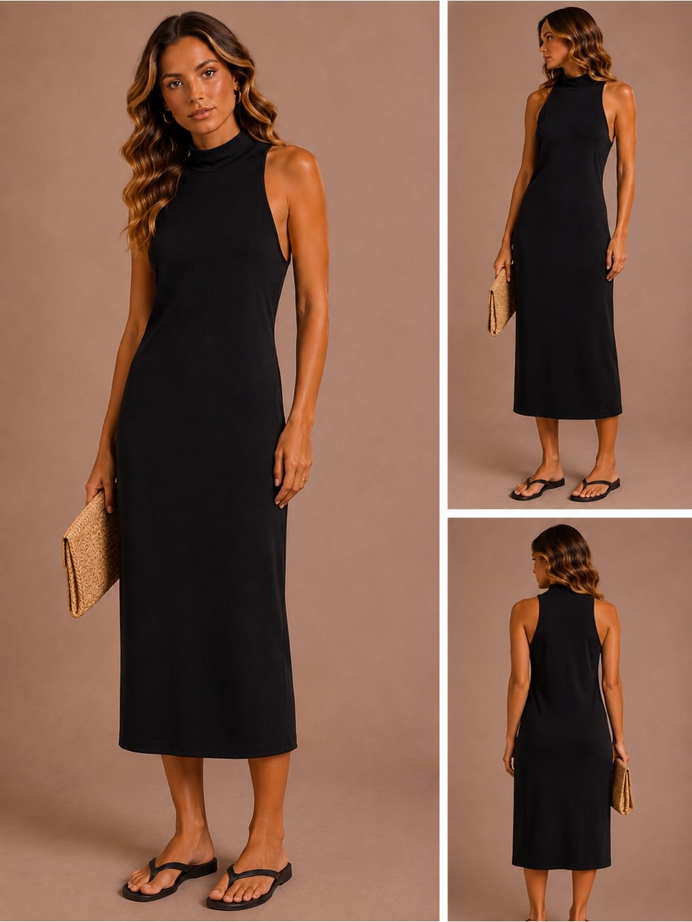 L'AGENCE Black Sleeveless Mock Neck Midi Dress